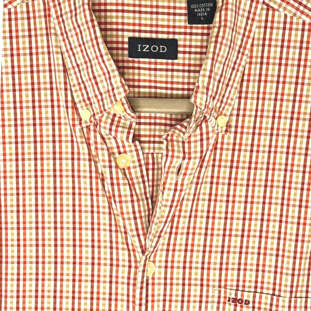 IZOD Button Down Shirt Mens Large Red Tan Gingham Plaid Short Sleeve Cotton